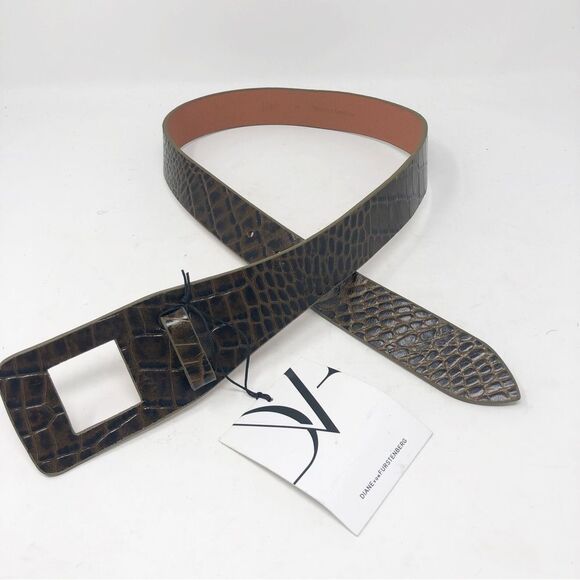 DIANE VON FURSTENBERG | NEW Ursela Croc Embossed Belt Tortoise Green Women’s M - Picture 1 of 8